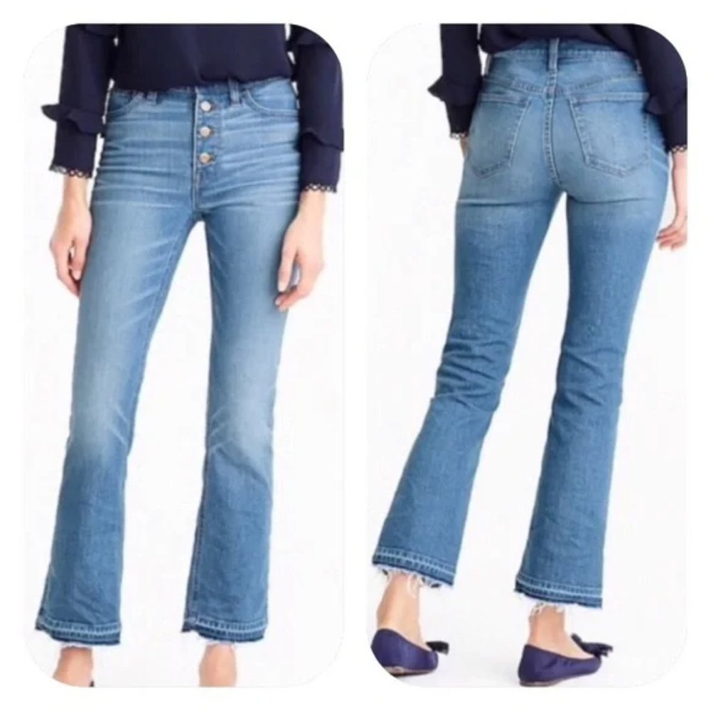 J. CREW Billie Demi Boot Crop Raw Hem Exposed Button Fly Medium Wash Jean